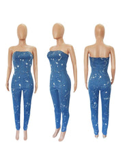 Paint Point Denim Strapless Fitted Jumpsuits