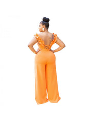 Patchwork Ruffle Off Shoulder Wide Leg Jumpsuits