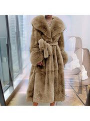 Fluff Lace Up Waist Tie Faux Fur Stylish Long Coat