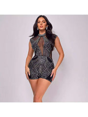 See Through Rhinestones Sleeveless Rompers