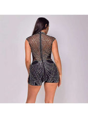 See Through Rhinestones Sleeveless Rompers