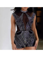 See Through Rhinestones Sleeveless Rompers