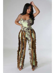 Tie Dye V Neck Bodysuits Fringe Pant Sets