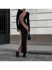 Color Matching Fitted Long Sleeves Maxi Dress