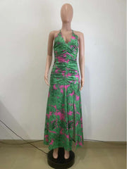 Ruched Floral V Neck Backless Maxi Dress