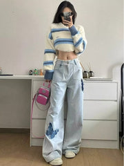 Butterfly Pattern Patchwork Raged Hem Wide Leg Jeans