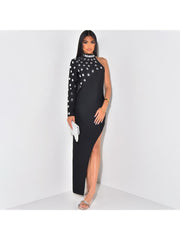 Patchwork Hotfix Rhinestones Split Hem Maxi Dresses