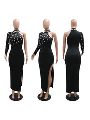 Patchwork Hotfix Rhinestones Split Hem Maxi Dresses