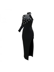 Patchwork Hotfix Rhinestones Split Hem Maxi Dresses