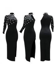 Patchwork Hotfix Rhinestones Split Hem Maxi Dresses