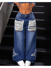 Star Fringe Ripped Raged Hem Wide Leg Jeans