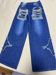 Star Fringe Ripped Raged Hem Wide Leg Jeans