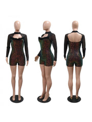 Patchwork Gradient Sequin Backless Long Sleeve Rompers