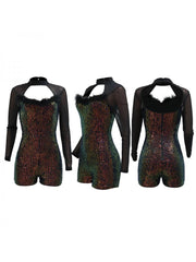 Patchwork Gradient Sequin Backless Long Sleeve Rompers