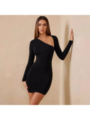 Plain Irregular Fitted Long Sleeves Mini Dress