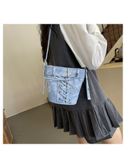 Bow Pure Color Denim Shoulder Bags