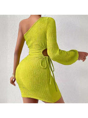 Pure Color Tie-wrap One-shoulder Bodycon Long Sleeves Dress