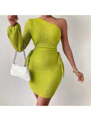 Pure Color Tie-wrap One-shoulder Bodycon Long Sleeves Dress