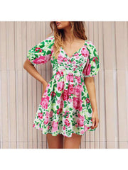 A-line V Neck Lantern Sleeve Dress