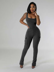 Fitted Bodysuits Cargo Pocket Pant Sets