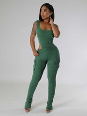 Fitted Bodysuits Cargo Pocket Pant Sets