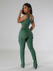 Fitted Bodysuits Cargo Pocket Pant Sets