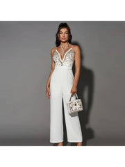 Patchwork Hotfix Rhinestones Spaghetti Straps Jumpsuits