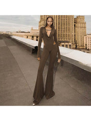 Hooded Hollow-out Flare Leg Long Sleeve Jumpsuits