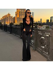 Hooded Hollow-out Flare Leg Long Sleeve Jumpsuits