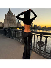 Hooded Hollow-out Flare Leg Long Sleeve Jumpsuits