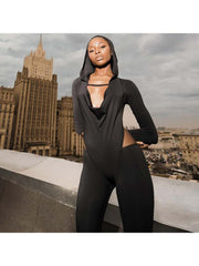 Hooded Hollow-out Flare Leg Long Sleeve Jumpsuits