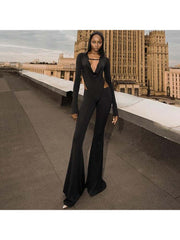 Hooded Hollow-out Flare Leg Long Sleeve Jumpsuits