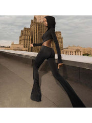 Hooded Hollow-out Flare Leg Long Sleeve Jumpsuits