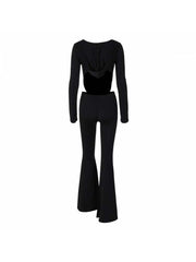 Hooded Hollow-out Flare Leg Long Sleeve Jumpsuits