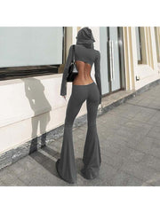 Hooded Hollow-out Flare Leg Long Sleeve Jumpsuits