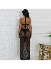 See Through Backless Lace Up Maxi Dress