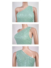 Plain Color Sequin One-shoulder Mini Dress