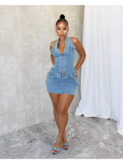 Denim Zipper Halter Backless Mini Dress