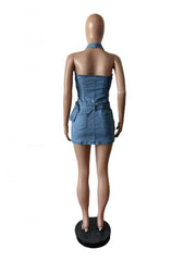 Denim Zipper Halter Backless Mini Dress