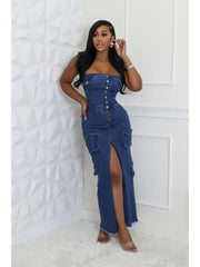 Strapless Denim Cargo Split Hem Maxi Dress