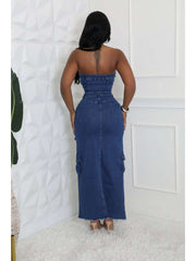 Strapless Denim Cargo Split Hem Maxi Dress