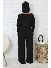 Rib Puff Sleeve Shrug V Neck Jumpsuit 2 Piece Sets