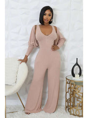 Rib Puff Sleeve Shrug V Neck Jumpsuit 2 Piece Sets