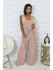 Rib Puff Sleeve Shrug V Neck Jumpsuit 2 Piece Sets