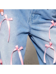 Bow Distressed Trailing Loose Casual Jeans