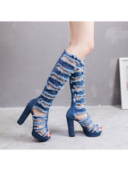 Distressed Peep Toe Denim Pump Boots