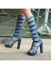 Distressed Peep Toe Denim Pump Boots