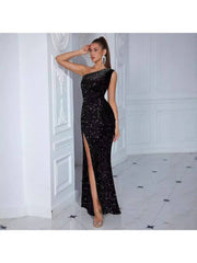 Sequin One Shoulder Split Hem Prom Dresses