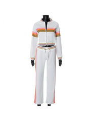 Colorblock Striped Zipper Cropped Pant Sets