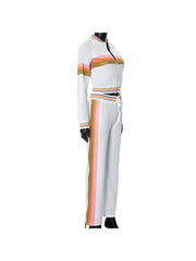 Colorblock Striped Zipper Cropped Pant Sets